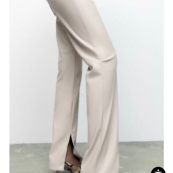 ZARA Faux Leather Super High Rise Slim Flare Pants Slit Size 2 34 Long Beige - Picture 9 of 14